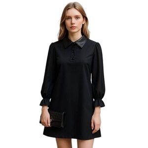 Shelby & Palmer Faux Leather Collar Button Up Sheer Blousy Sleeves Black Dress